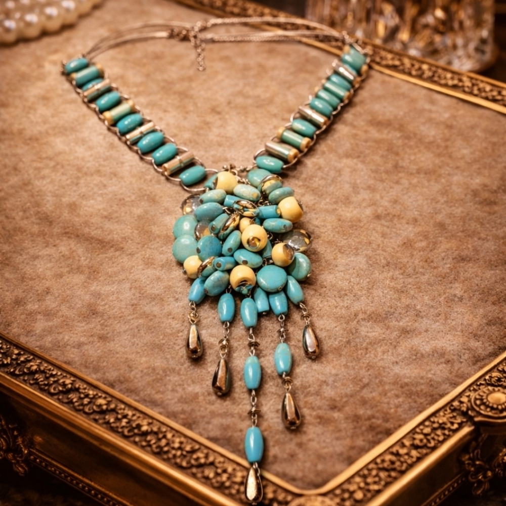 Vintage Turquoise & Yellow Cluster Pendant Necklace